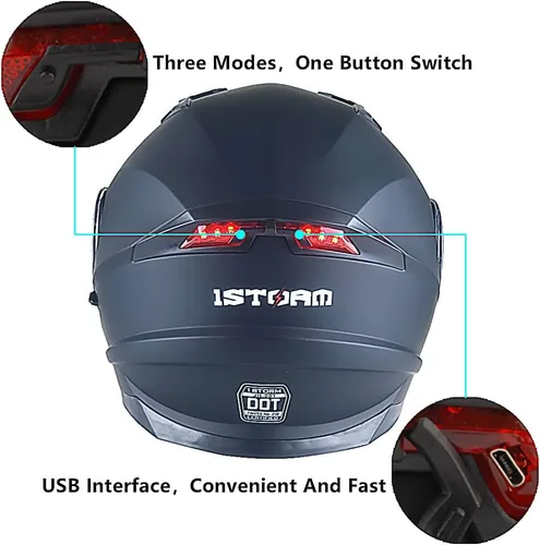 Vista 5 de 1Storm Nuevo Casco Modular de Motocicleta con Visera Dual Cara Completa y Luz Trasera LED Recargable: Modular901 Fibra de Carbon Negro