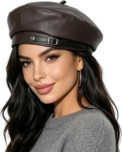 Vista 17 de MINGSEECESS Mujeres PU cuero francés negro boina sombrero Causal Beanie Hat Cinturón-marrón