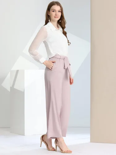 Vista 4 de Allegra K Pantalones de satén con nudo y cintura ancha para mujer