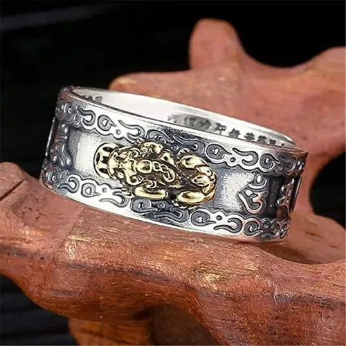 Vista 5 de Gossiribbn Anillo ajustable Feng Shui PiXiu de plata 990, anillo de mantra Feng Shui Pixiu para hombres y mujeres, anillo ajustable Feng Shui PiXiu