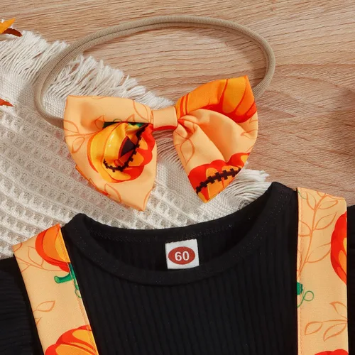 Vista 4 de Trajes de Halloween para bebé recién nacida camiseta de manga larga con volantes de calabaza camiseta con tirantes cortos mameluco para otoño