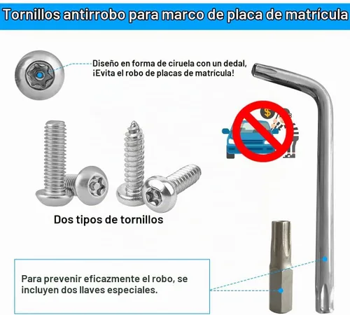 Vista 2 de YALOK - Tornillos antirrobo para matrícula, kit de montaje M6, color plateado 1/4x3/4 Inch, front/rear tag frames, caps/washers/nuts, tool bit