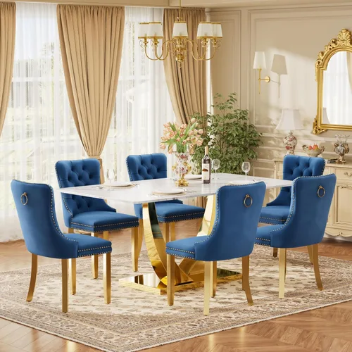 Vista 50 de Juego de mesa de comedor de cristal moderno de mediados de siglo para 4, 63 pulgadas, juego de comedor rectangular grande de lujo con parte superior