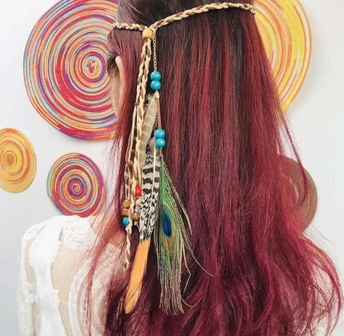 Vista 4 de CAKURE Diadema de plumas estilo bohemio extensiones de cabello de plumas gitanas diadema para festivales diadema de plumas indias accesorios