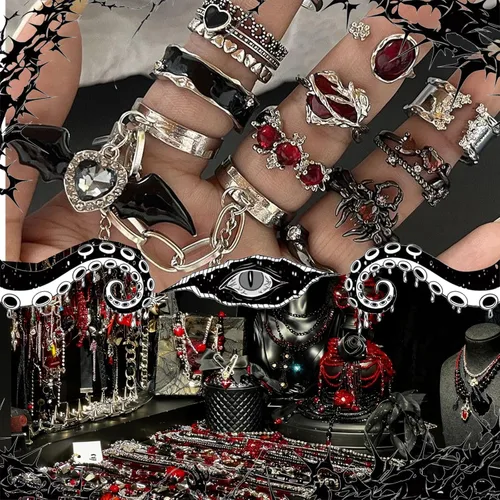 Vista 8 de SMUOBT Gothic Mystery Jewelry Jar, Random Goth Jewelry Set for Women Negro rojo