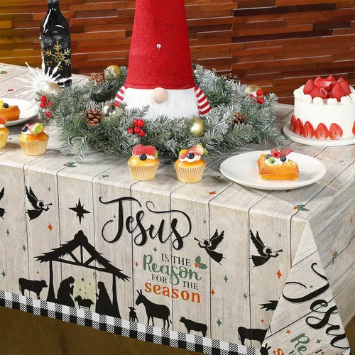 Vista 4 de WovWeave Mantel de Navidad de 3 piezas, mantel de Navidad con texto en inglés "Merry Christmas", mantel rectangular de plástico con diseño de Jesús