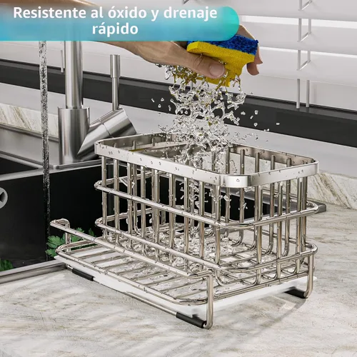 Vista 3 de HapiRm Organizador de Fregadero de Cocina, Acero Inoxidable SUS304 Antióxido Multifuncional Caddy Grande para Fregadero con Portaesponjas y Bandeja