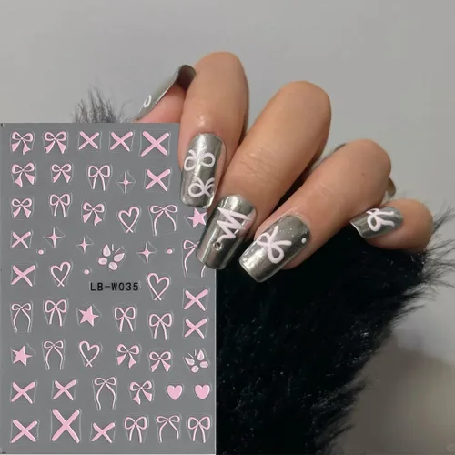 Vista 5 de Fcozpjk Calcomanías de uñas con lazo en relieve 5D, 5 hojas autoadhesivas de cintas rosas y blancas, arte de uñas para el día de San Valentín, dijes