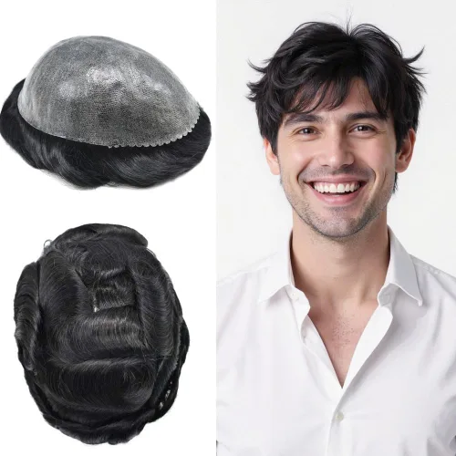 Vista 514 de Toupee para hombre 100% cabello humano real tupé para hombres 0.004 in piel de poliuretano para hombre, sistema de reemplazo de piezas de pelo