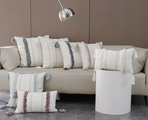 Vista 6 de Fundas de Almohadas Decorativas Boho con Mechones para Sofá Cama, Funda de Almohada Lumbar Pequeña de 12 x 20 Pulgadas, Funda de Almohada de Acento