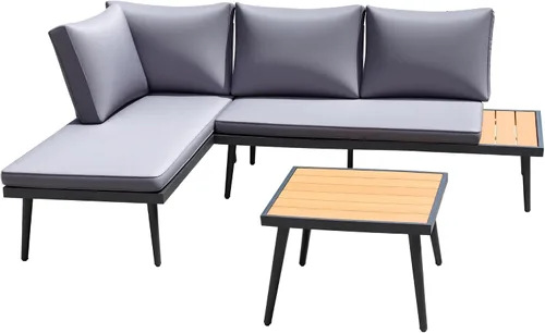 Vista 7 de Devoko Juego de muebles seccional para exterior con mesa de madera de acacia, sofá seccional para patio, juego de conversación en forma de L