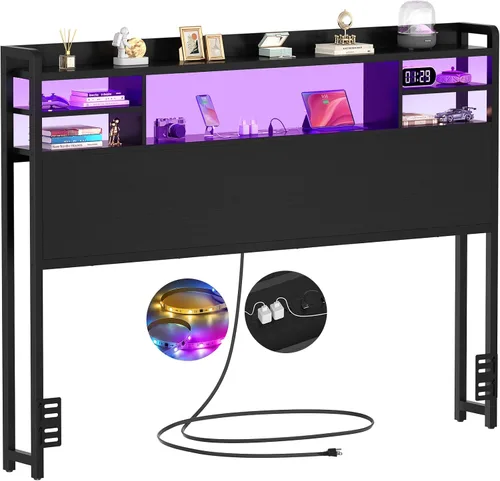 Vista 17 de Aheaplus Cabecero para cama de tamaño individual con almacenamiento, cabeceros con luz LED, tomas de corriente, puertos USB, tamaño individual