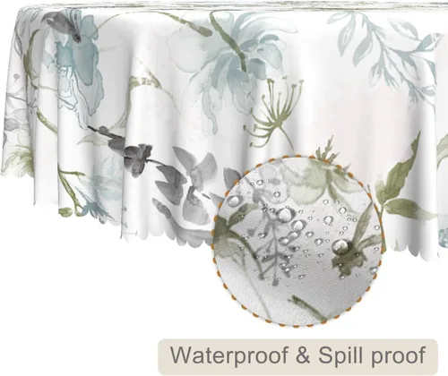 Vista 2 de Mantel redondo floral rústico de 48 pulgadas, con estampado botánico de flores en acuarela verde, azul y gris, a prueba de derrames y aceite, tela