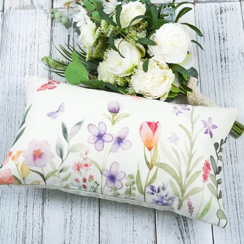 Vista 4 de ONWAY Juego de 2 fundas de almohada florales de primavera de 12 x 20 pulgadas, fundas de almohada lumbares decorativas con flores moradas y Morado