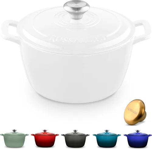 Vista 11 de ROSSALLINI Olla Holandesa de Hierro Fundido Esmaltada con Firma, Olla de Servir Antiadherente con Tapa de Cierre Hermético para Asado Perfecto Azul