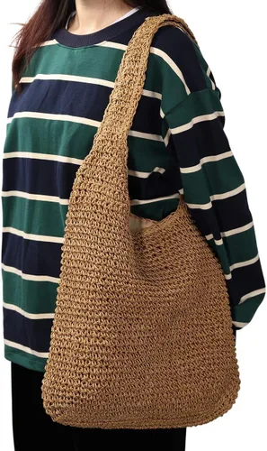 Vista 7 de CHIC DIARY Bolso de hombro de paja tejido a mano para mujer, asas de playa de verano, con cremallera