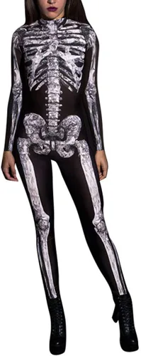 Vista 3 de Disfraz ajustado para mujer de esqueleto con estampado, catsuit para cosplay y Halloween - S/M
