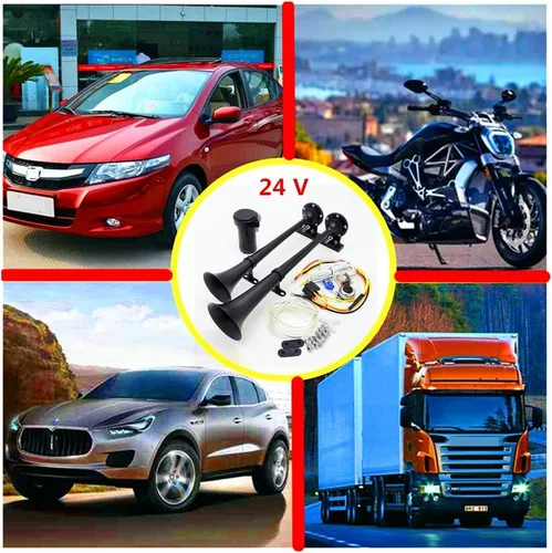Vista 6 de Bocina de aire para coche, 160db, 24 V, cromado, negro, zinc, doble tubo, trompeta, bocina eléctrica, bocina de alarma, bocina de alarma