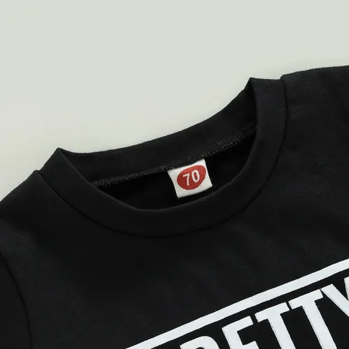 Vista 19 de Conjunto de traje de verano para bebé niño pequeño, manga corta, cuello redondo, letras impresas, lindo traje de verano, conjunto de 2 piezas