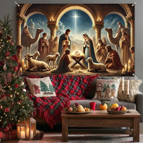 Vista 4 de BlissYard Pancarta de Escena de la Natividad 71x43 Pulgadas Pancarta de Escena del Pesebre de Noche Santa Fondo Religioso Cristiano para Iglesia