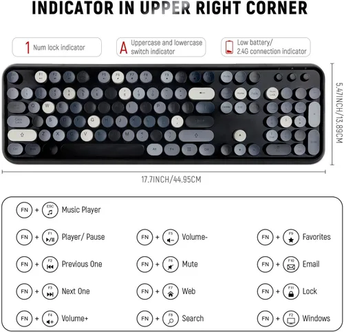 Vista 6 de Combo de teclado y mouse inalámbricos, teclado redondo estilo máquina de escribir retro, teclado inalámbrico de tamaño completo de 2.4 GHz