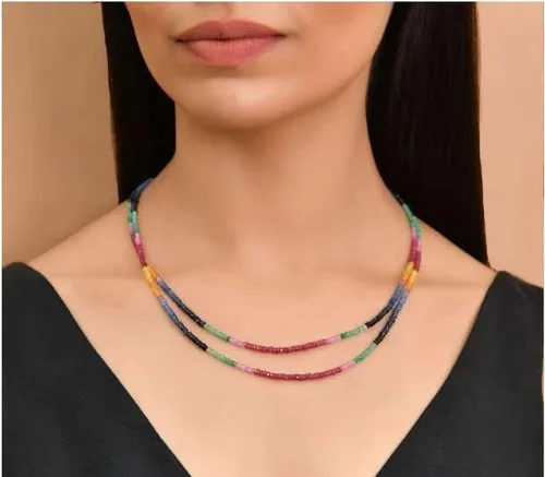 Vista 3 de RisenshineJewel Collar de cuentas de zafiro multicolor en plata de ley con chapado en oro amarillo 18 pulgadas17.7 in, extensor de 2