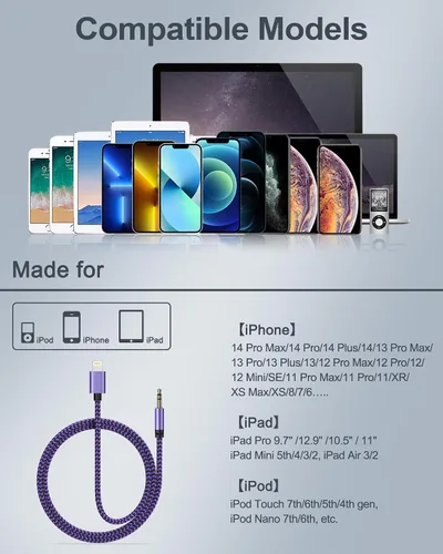 Vista 7 de 2Pack iPhone AUX Cord for iPhone 14 Pro Max/Plus, 13/12/11/XR/X/8/7, [Apple MFi Certified] Lightning to 1/8 Inch Audio Cable,3.3ft