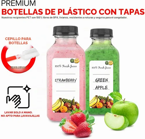 Vista 3 de Botellas de jugo de 12 onzas con tapas para jugo (paquete de 12) – Botellas de agua de plástico vacío transparente reutilizables – Contenedores