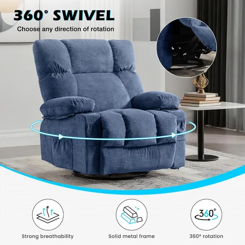 Vista 6 de MAHOMICO Silla reclinable giratoria de gran tamaño con masaje por vibración y calefacción lumbar, giro de 360°, puerto de carga USB, portavasos