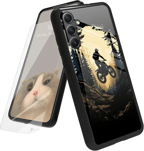 Vista 85 de Funda para Samsung Galaxy A12 5G con protector de pantalla, parte trasera de vidrio templado + TPU de silicona suave que absorbe los golpes