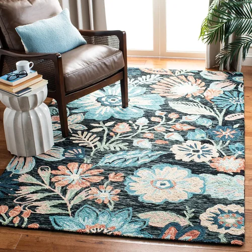 Vista 8 de SAFAVIEH Jardin Collection - Alfombra de pasillo, 2 pies 3 pulgadas x 8 pies, carbón y azul, hecho a mano, lana floral y algodón, ideal para zonas