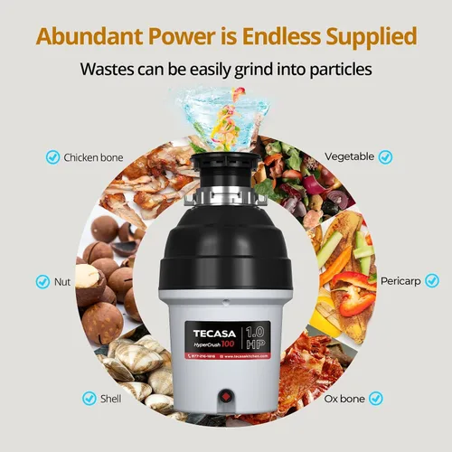 Vista 3 de Eliminador de basura de 1 HP con reducción de sonido, triturador de residuos de alimentos para fregadero de cocina, eliminación de basura segura
