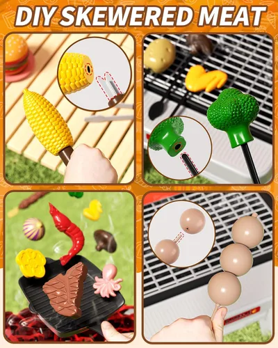 Vista 5 de 60 piezas Parrilla de Barbacoa para Niños con Sonido de Humo y Luz, Set de Juego de Cocina para Niños de 4 a 8 Años, Juguetes de Cocina de Barbacoa