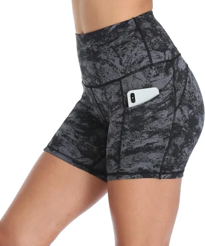 Vista 2 de Oalka Pantalones cortos de yoga para mujer, con bolsillos laterales, cintura alta, para entrenamiento, correr, deportes, 4 pulgadas