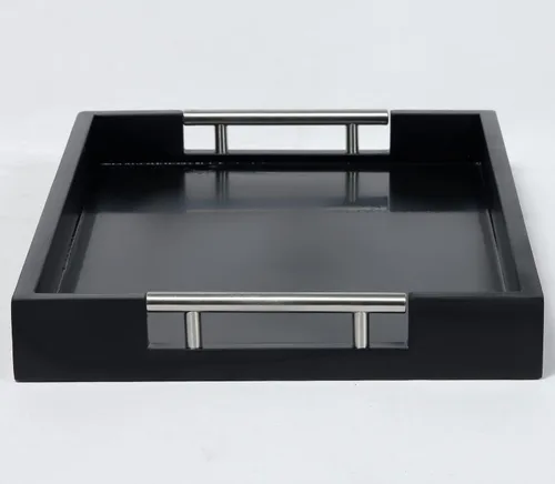 Vista 7 de Bandeja para servir con asas de metal pulido, bandeja rectangular para mesa de café de 16.5''x12'', bandeja decorativa moderna, bandeja otomana Negro