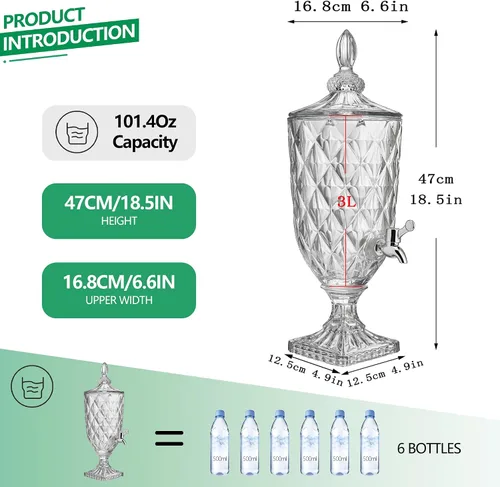 Vista 3 de Dispensador de bebidas de vidrio de 0.8 galones para fiestas con espita de vidrio dispensador de bebidas heladas con tapa, servidor de bebidas