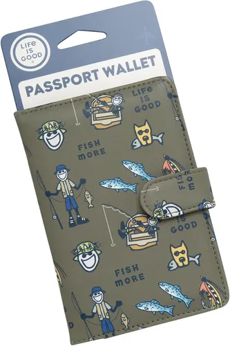 Vista 4 de Life is Good Travel Passport Cover - Anti-Theft Passport Holder Wallet with Interior Card Slots with Magnetic Snap Closure, Gone Fishing