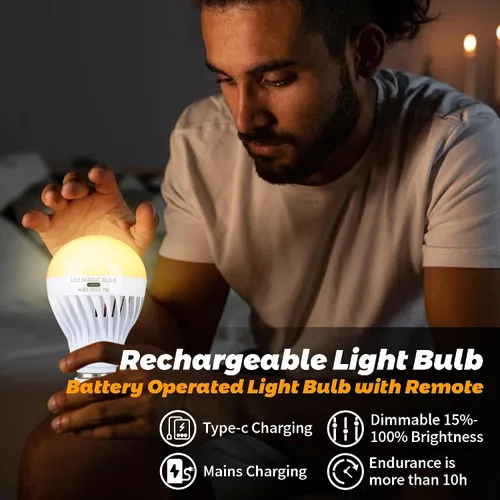 Vista 5 de BSOD Bombillas recargables con control remoto, bombillas LED E26 de luz cálida, bombillas de batería USB, bombillas regulables de emergencia