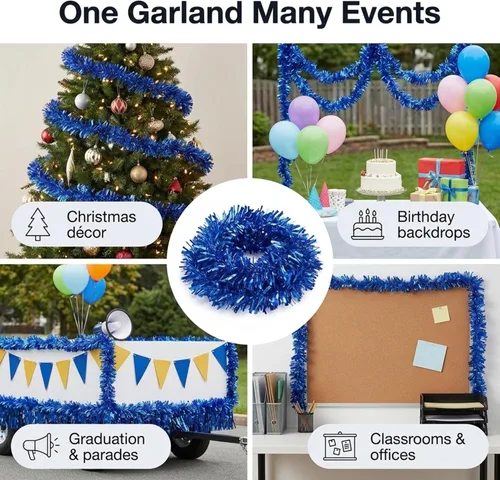 Vista 2 de Anderson's Guirnalda de oropel con purpurina azul metálico, decoración navideña de 25 pies, borde de árbol de Navidad, decoración de flotador
