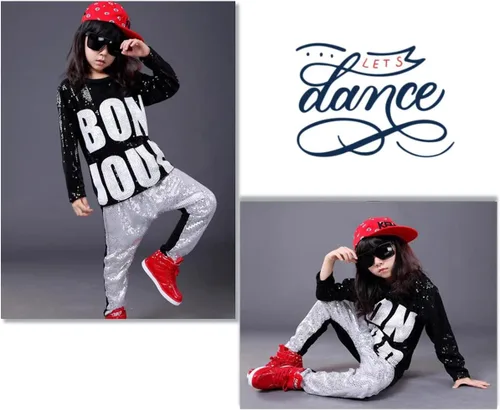 Vista 7 de LOLANTA Disfraz de baile para niños y niñas, ropa de hip hop con lentejuelas de los años 80 y 90, trajes brillantes de baile