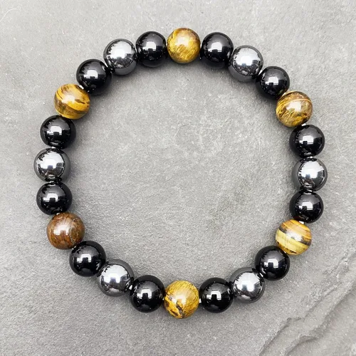 Vista 3 de Pulsera de triple protección con cuentas de ojo de tigre, obsidiana negra y hematita para hombres y mujeres, cuentas de piedras naturales y cristal