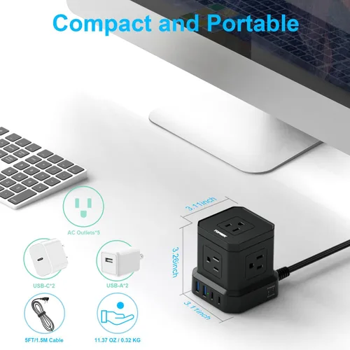 Vista 5 de Regleta de alimentación con USB, USB C (3.0 A) con 5 tomas, 2 USB-C y 2 USB-A, cable de extensión plano de 5 pies con enchufe plano ultrafino