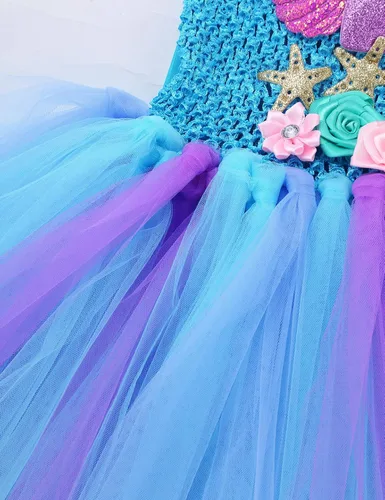 Vista 6 de Freebily Disfraz de princesa de sirena para cumpleaños cosplay fiesta disfraz de arcoíris de malla tutú vestido de aro para el pelo