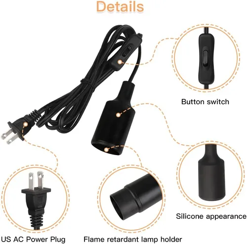 Vista 6 de Cable de luz colgante de 15 pies con enchufe, cable de extensión negro E26 Plug In Pendant Light Socket, Light Bulb Socket With On Off Switch, E27