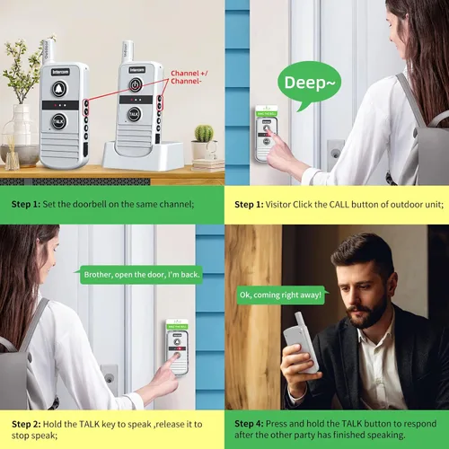 Vista 2 de Timbre inalámbrico, sistema de intercomunicación inalámbrico bidireccional, rango de 4900 pies y 16 canales, 4 niveles de volumen, 21 tonos