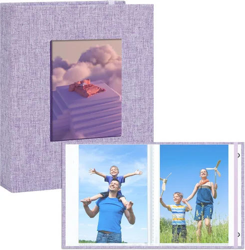 Vista 7 de Álbum de fotos pequeño de 4 x 6 pulgadas, 2 unidades, páginas transparentes, cubierta de lino con ventana frontal, cada mini álbum con capacidad