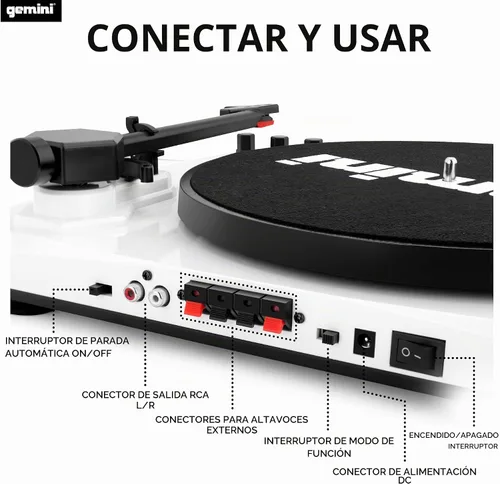 Vista 6 de Gemini Sound TT-900-Tocadiscos de 3 velocidades con Bluetooth, altavoces estéreo de 2 vías y ajuste de tono (blanco)