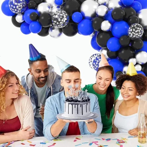 Vista 2 de Juego de globos de color azul real, negro y plateado metálico, 122 unidades, guirnalda de arco de globos azul real y negro para videojuegos