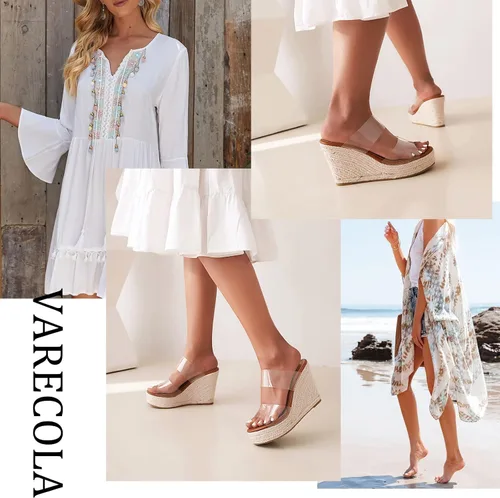 Vista 2 de VARECOLA Sandalias de tacón de cuña con correas transparentes para mujer, sandalias de plataforma con puntera abierta