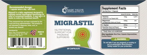 Vista 6 de Basic Vigor Migrastil Migraine Support Capsules. Feverfew, magnesio, taurina y vitamina B1 para migrañas. Suplemento natural. Fabricado